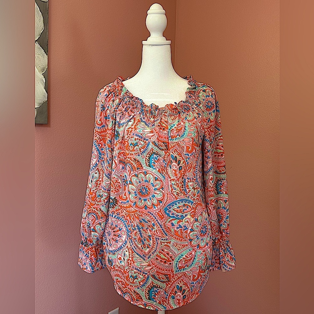 Talbots Paisley maximalist dopamine dressing Ruffled OffShoulder flowy blouse S